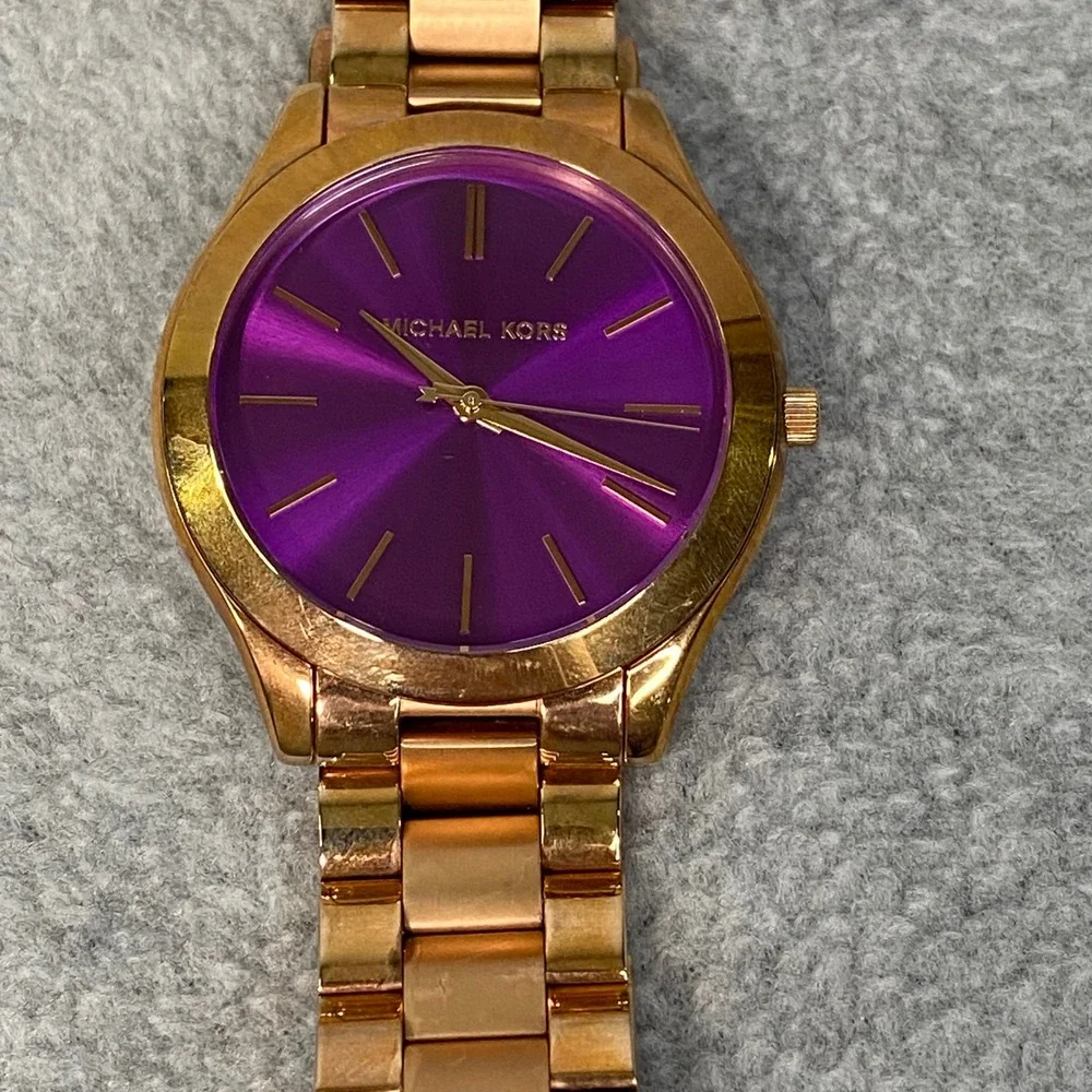 Michael Kors Watch‎ Women Rose Gold Purple Slim Runway MK-3293 Luxe Chic EUC